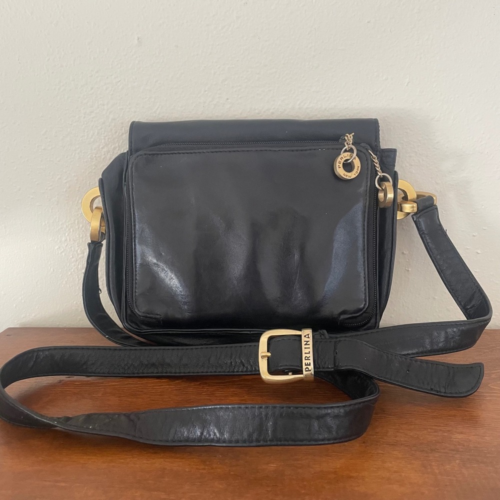 Perlina Square Crossbody Bag Chic Preppy Designer Card Holder Black Leather Gold